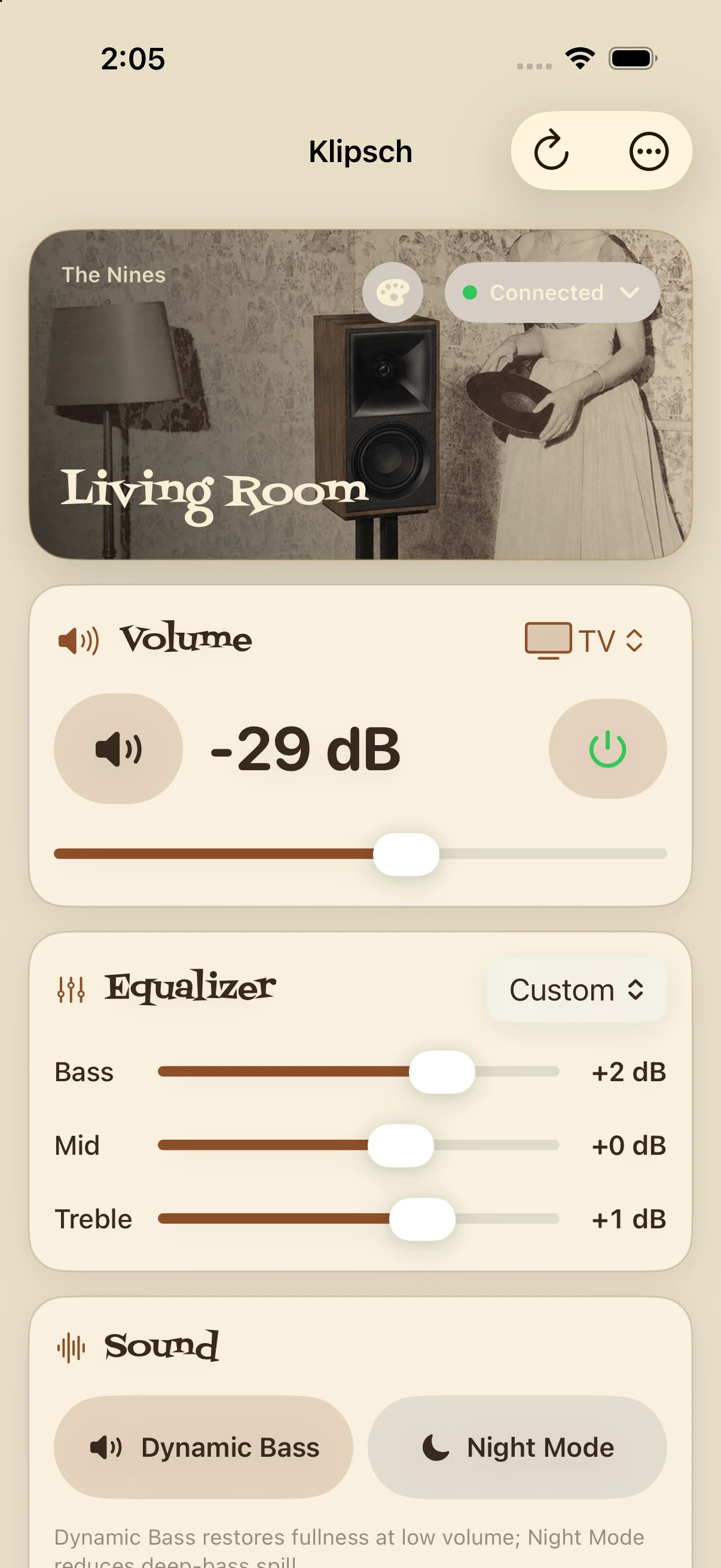 Pixel Brite connected to Klipsch The Nines, showing volume, TV input, three-band EQ, Dynamic Bass, and Night Mode