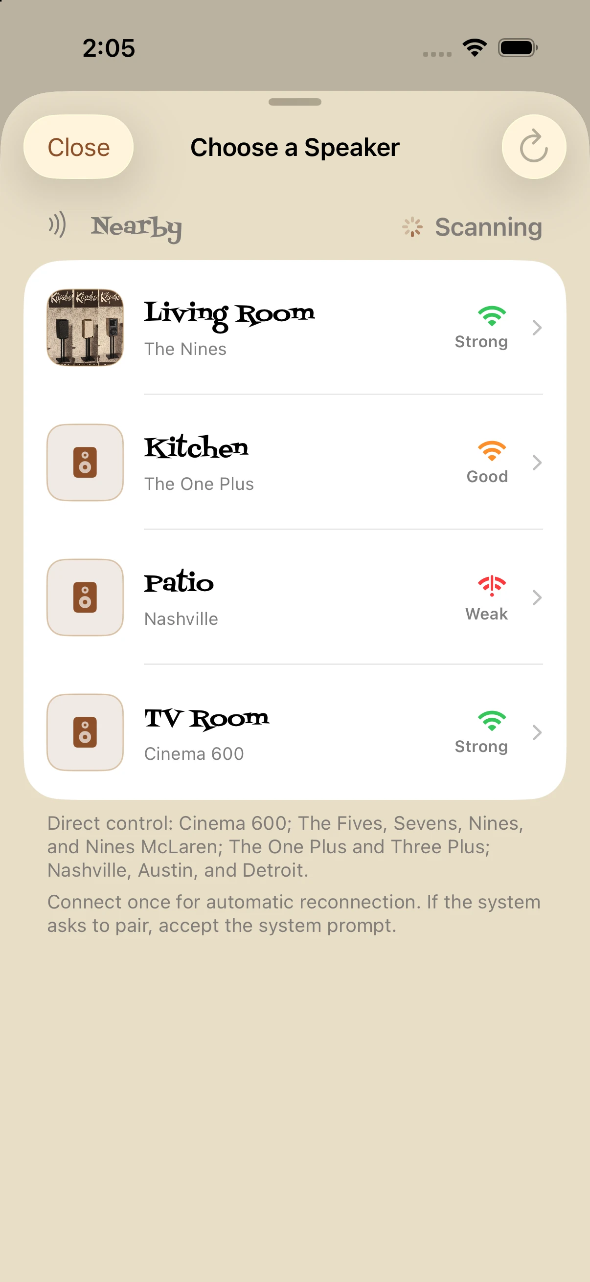 Klipsch speaker picker listing The Nines, The One Plus, Nashville, and Cinema 600 with signal-strength indicators