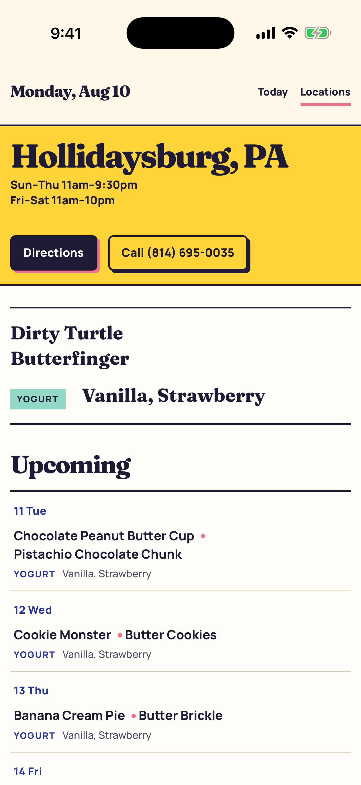 Today's Flavor for Hollidaysburg, Pennsylvania, showing Aug. 10 custard and yogurt flavors and the next four days