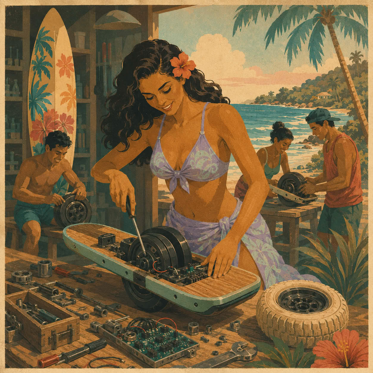 Vintage Hawaiian artwork of riders repairing a single-wheel electric board